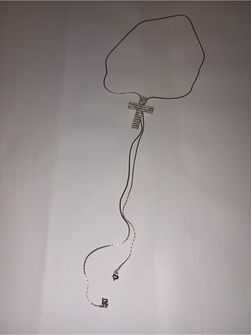 Vintage Y2K Rhinestone Cross Lariat Bolo Necklace Silver Tone Heart Tips Pre2003 - Picture 2 of 5
